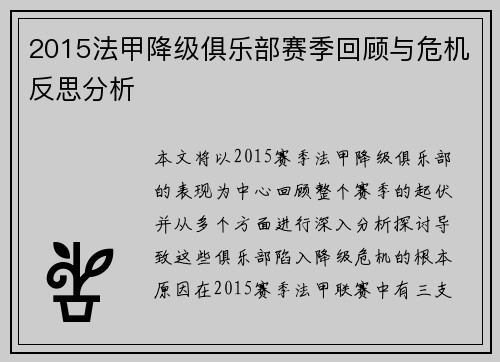 2015法甲降级俱乐部赛季回顾与危机反思分析