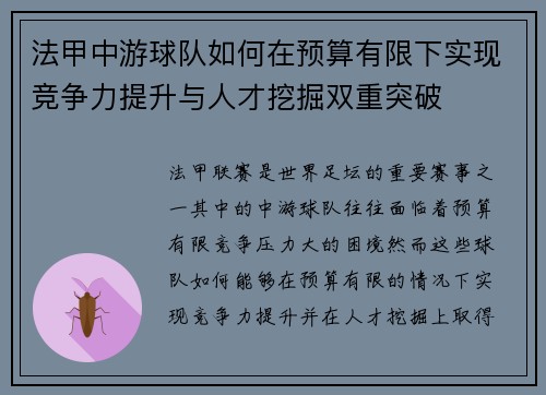 法甲中游球队如何在预算有限下实现竞争力提升与人才挖掘双重突破