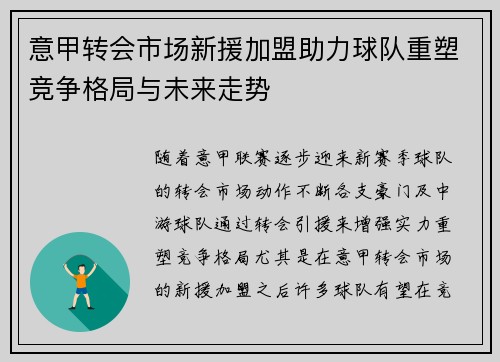 意甲转会市场新援加盟助力球队重塑竞争格局与未来走势