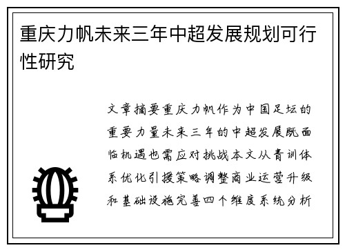 重庆力帆未来三年中超发展规划可行性研究